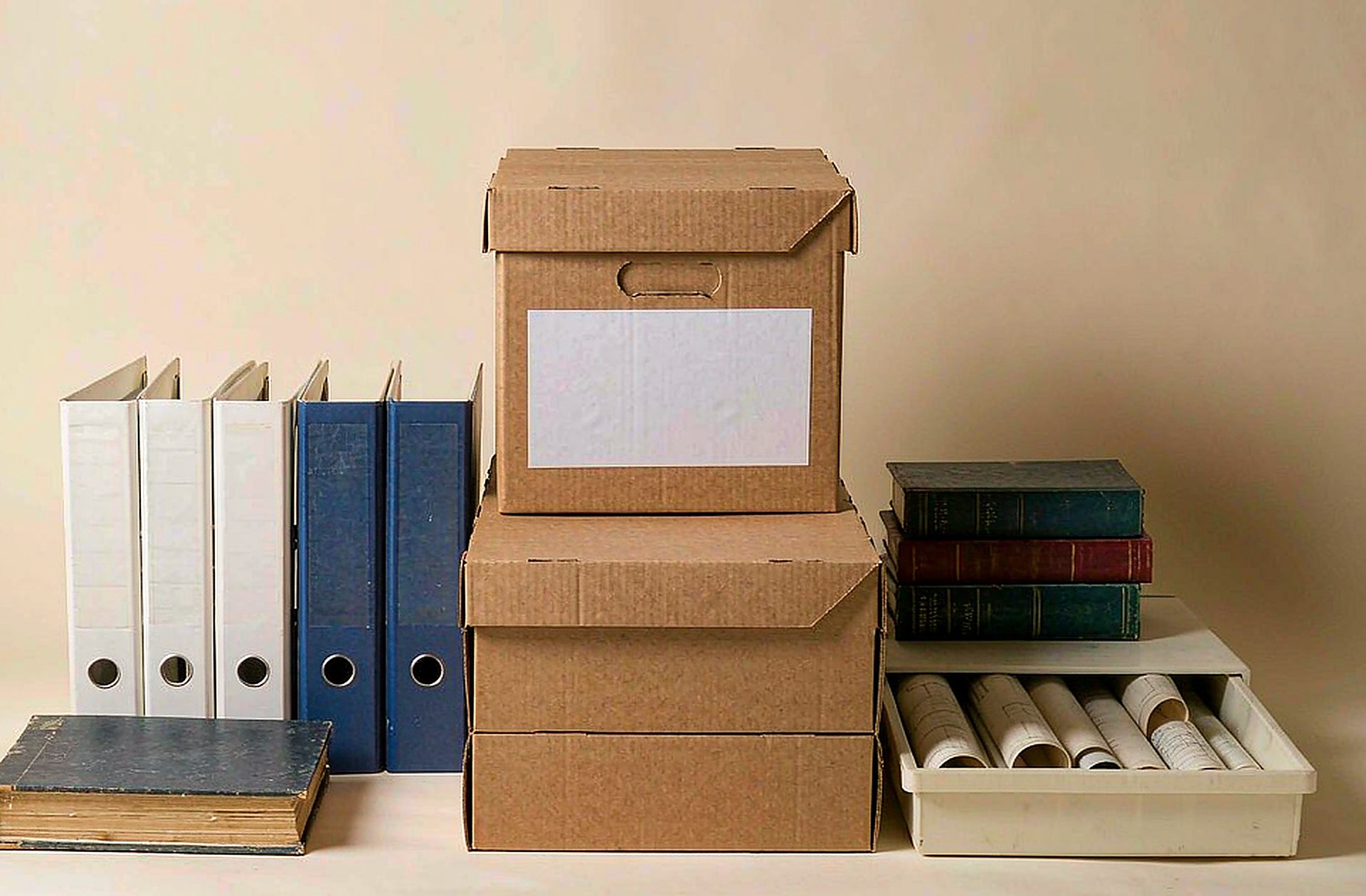 Standard archive stock — kraft archive boxes, white and blue ring binders, a bound ledger, reference books and a plan drawer of rolled drawings