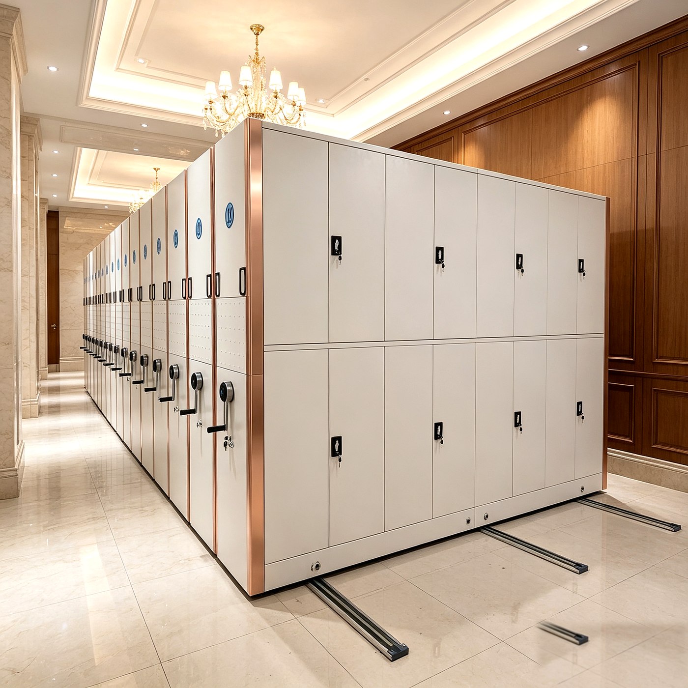 Manual mobile shelving with an ivory body and copper end panels in a marble-lobby archive