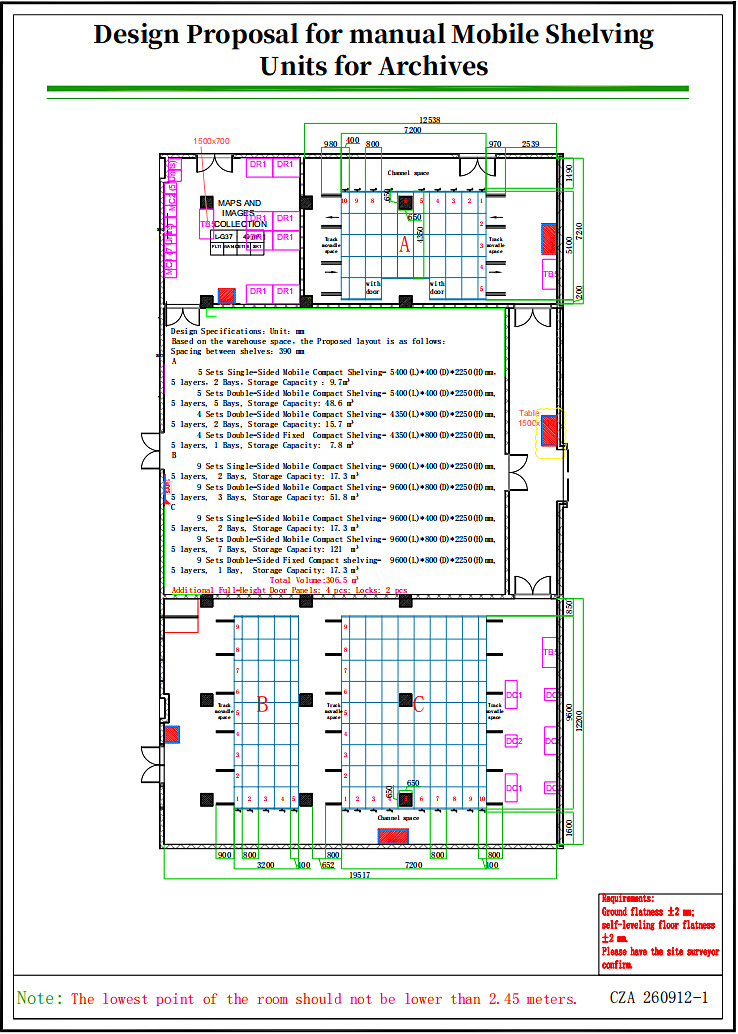 Scaled CAD layout drawing CZA 260912-1 — mobile shelving plan for an archive with bay counts, aisle widths and floor-loading notes