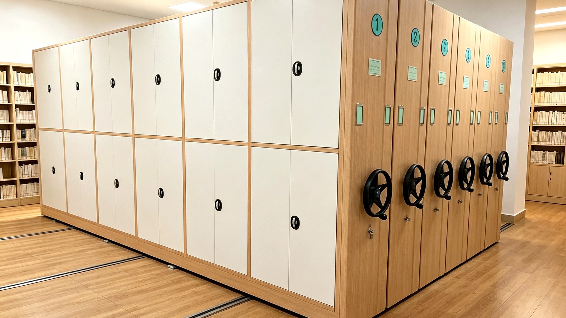 Wood-grain steel manual mobile shelving