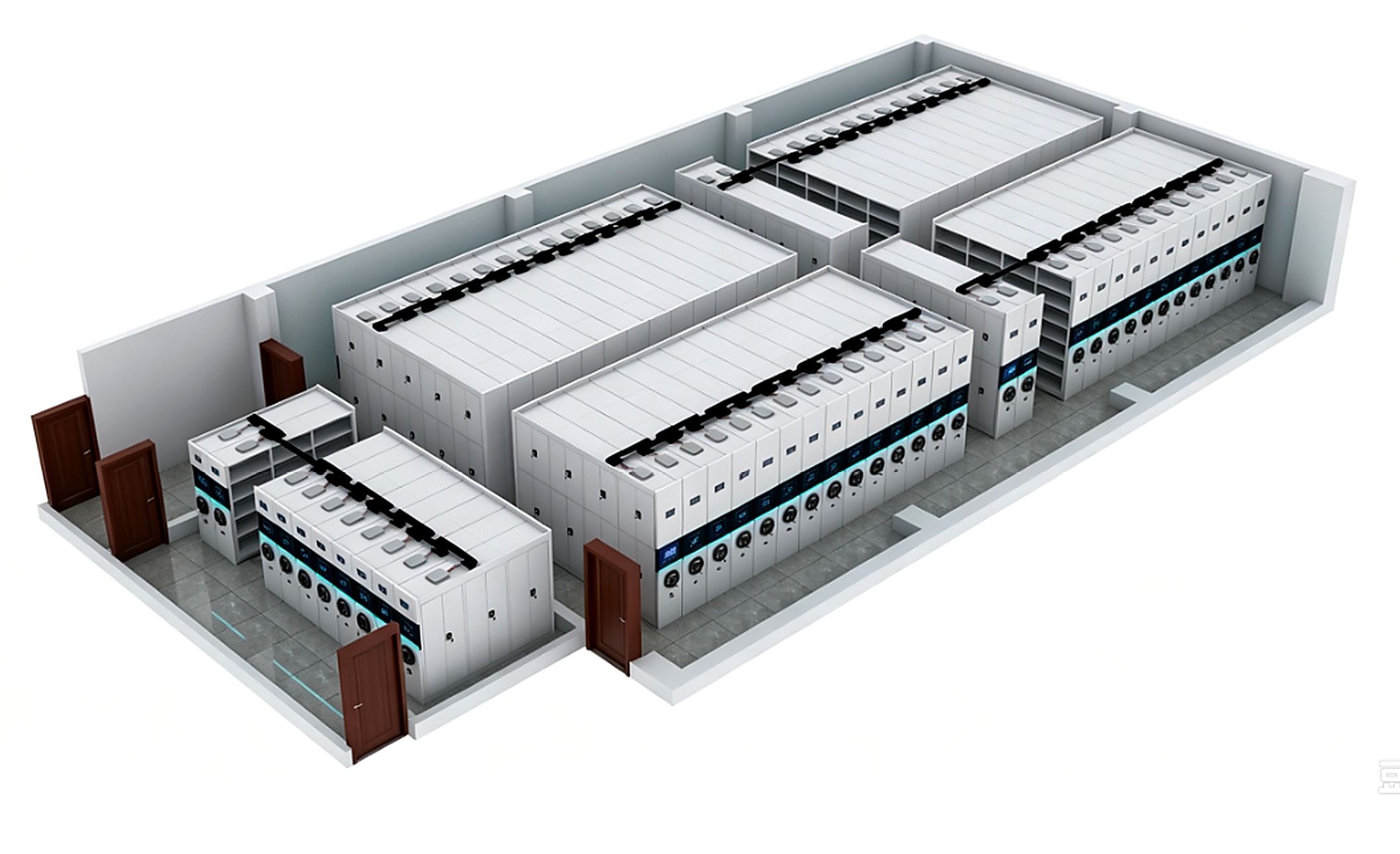 3D render of the finished archive room — bays, rails and clearances shown before production begins