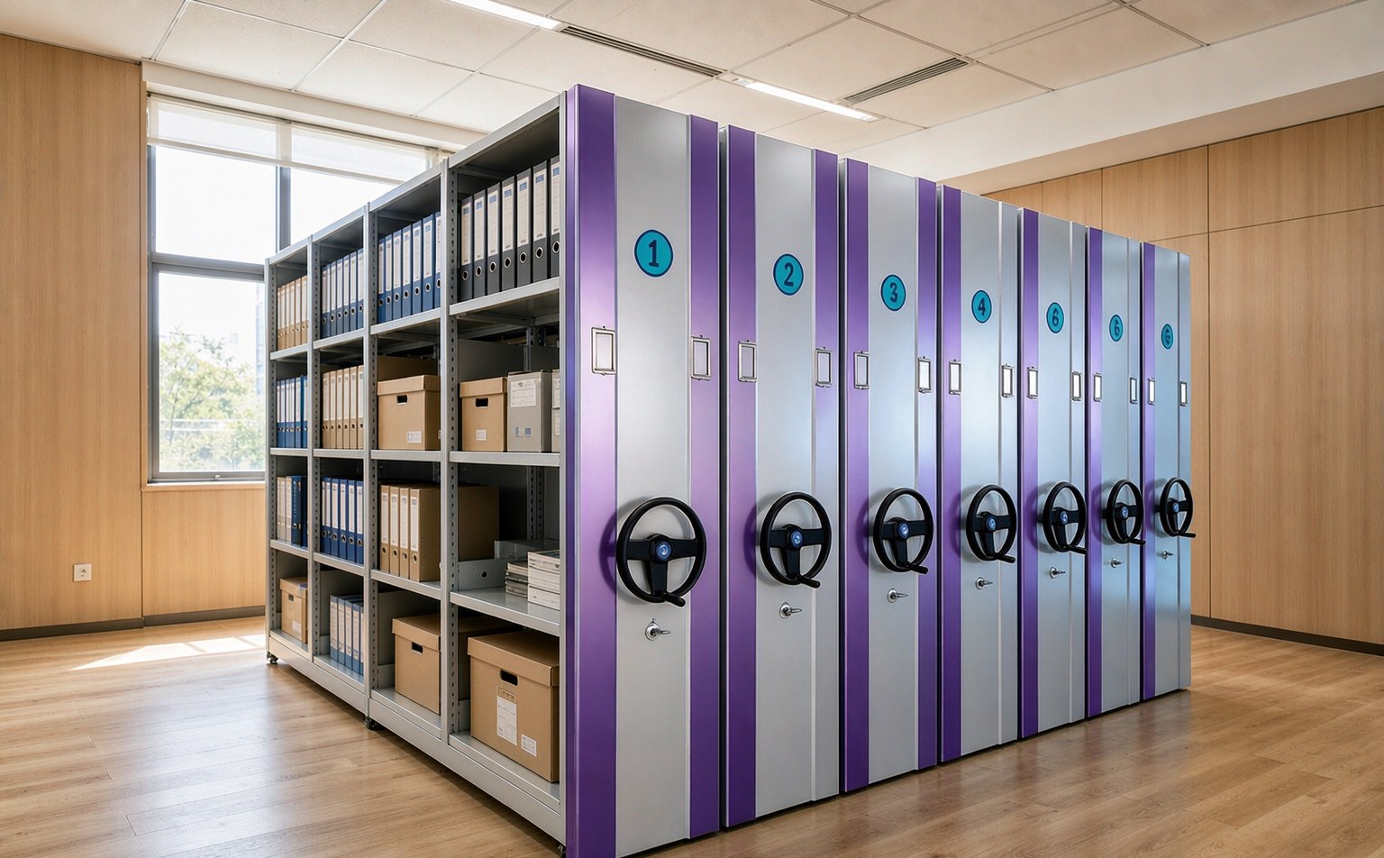 Contrast-Color Manual Mobile Shelving in a company office records area