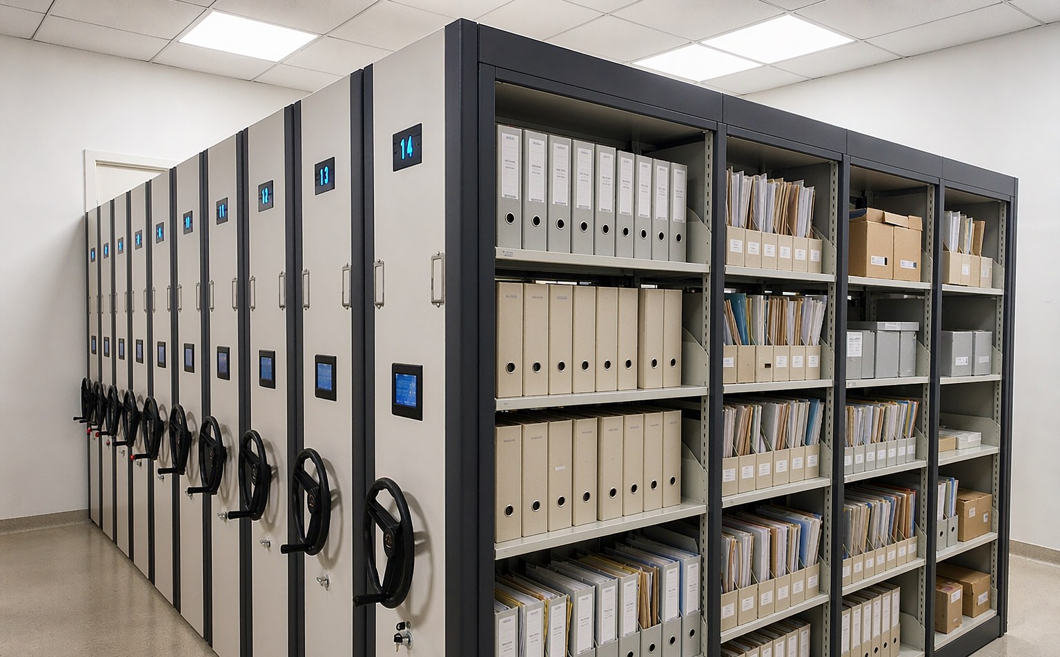 Two-Tone Smart Mobile Shelving in a hospital medical records room