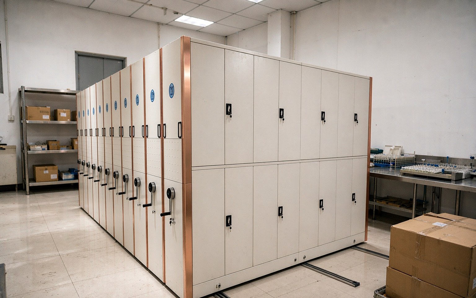 Hand-Crank Mobile Shelving in a research laboratory