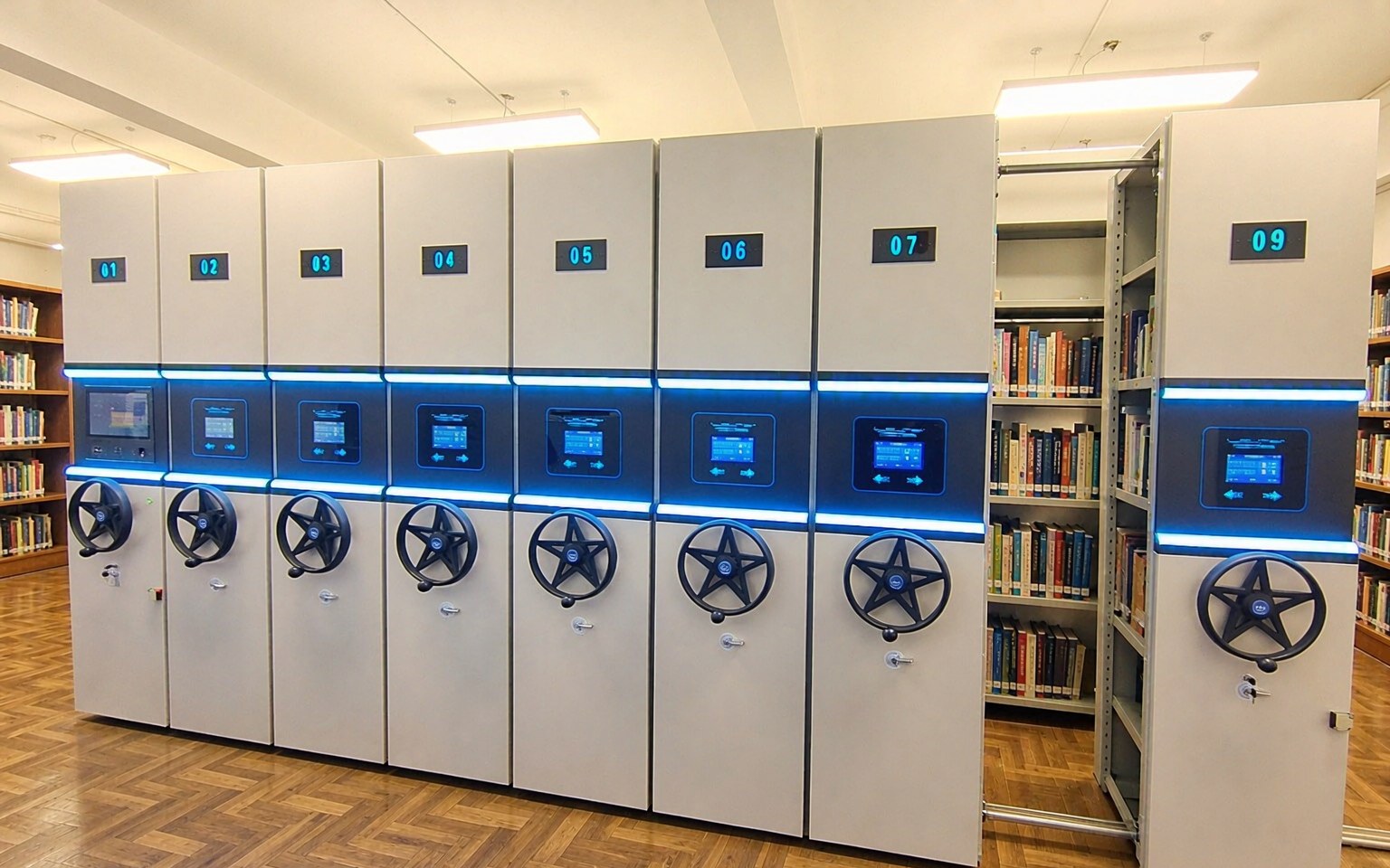 Five-Pointed Star Wheel Smart Mobile Shelving in a library stack room