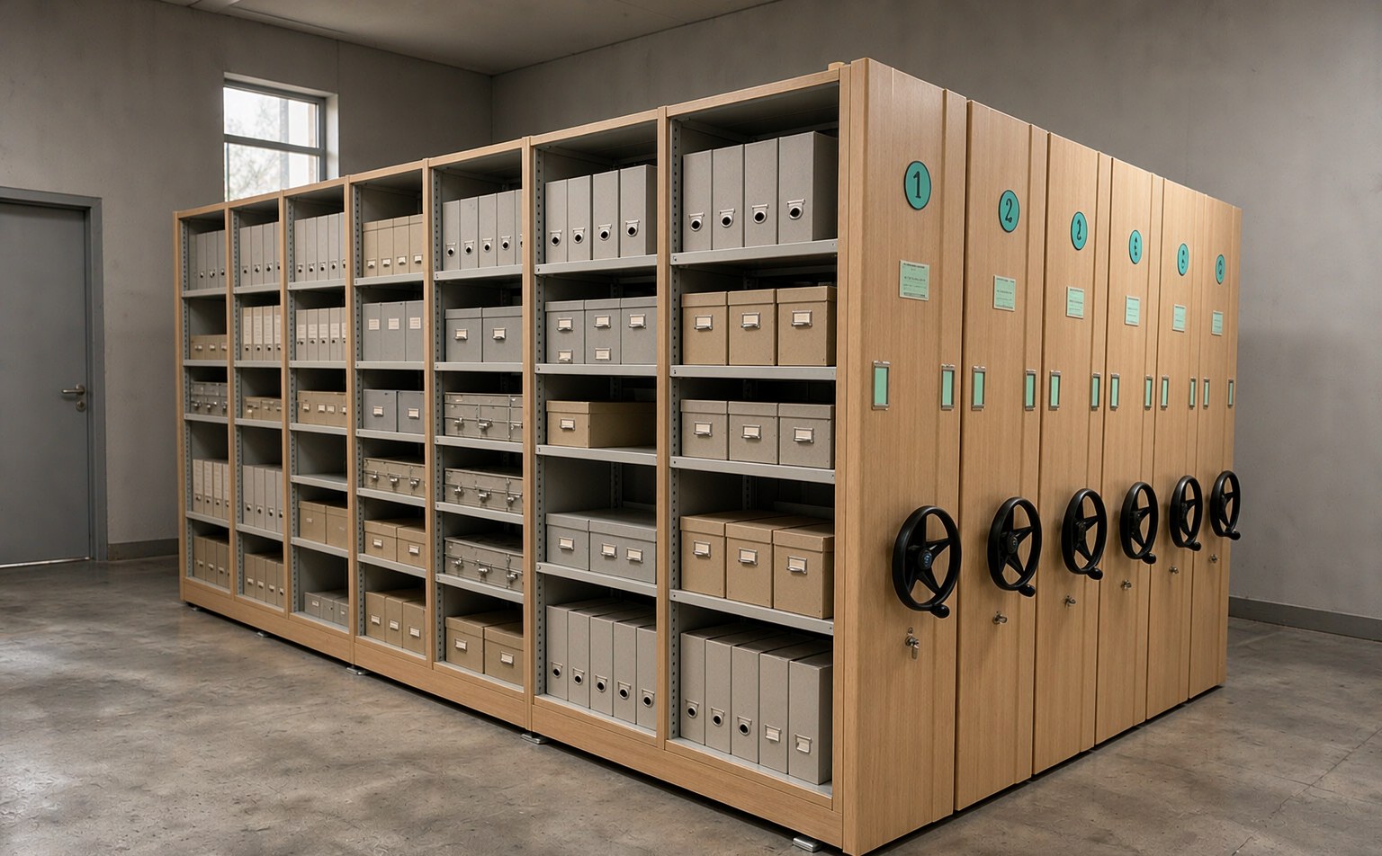 Wood-Grain Steel Manual Mobile Shelving in a museum collection storage room
