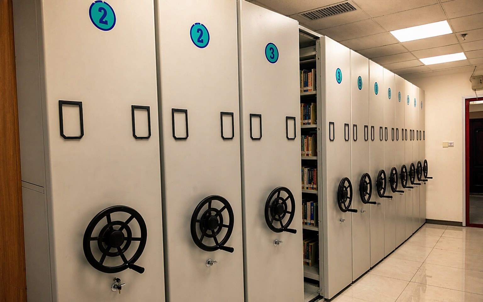Manual Mobile Shelving in a university library stack room