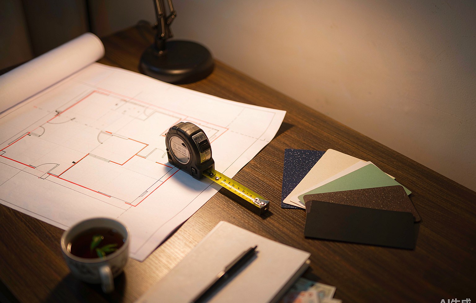 The export desk: a room layout drawing, tape measure, colour sample plates and a notebook