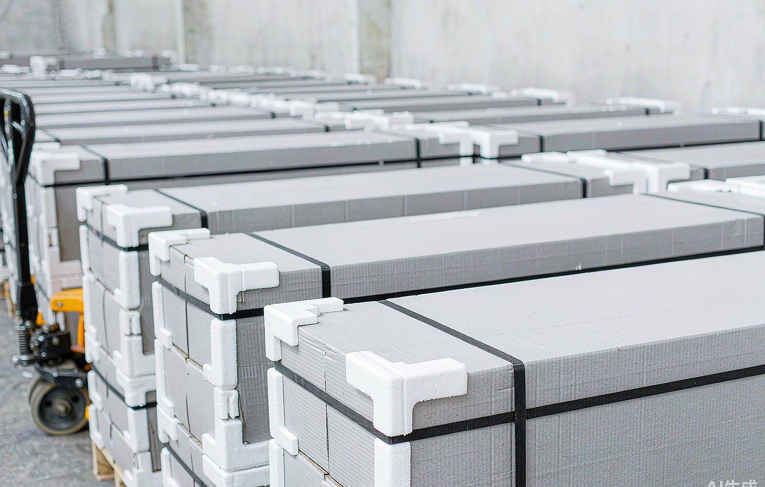 Flat-packed shelving panels in export cartons on pallets
